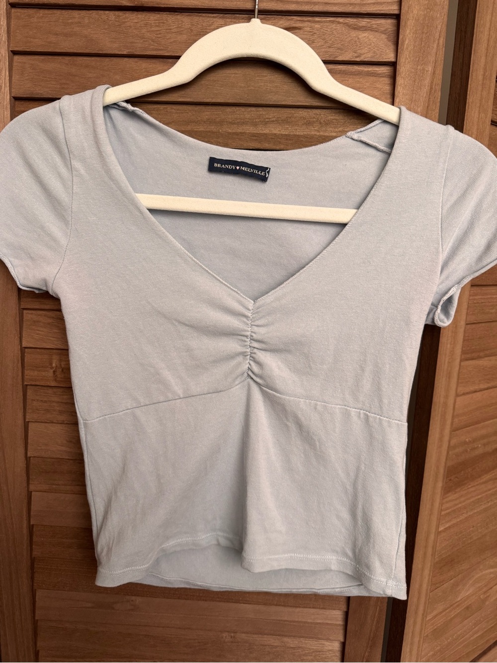 Brandy Melville Light Blue V-Neck Ruched Short Sleeve Top